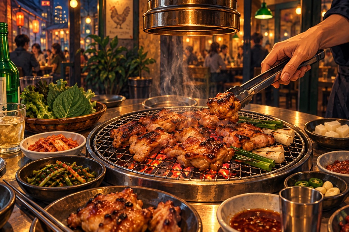 Illustration of charcoal-grilled chicken and Korean side dishes