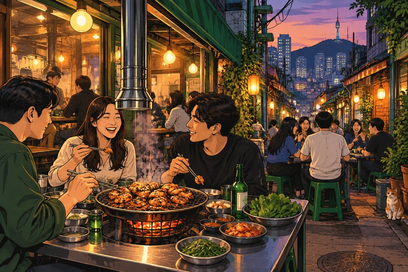 Illustration by Local Korean Guide of a charcoal chicken barbecue in Seoul at night
