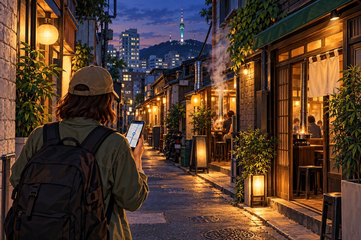 Illustration of a visitor checking a map on a Seoul alley with barbecue restaurants