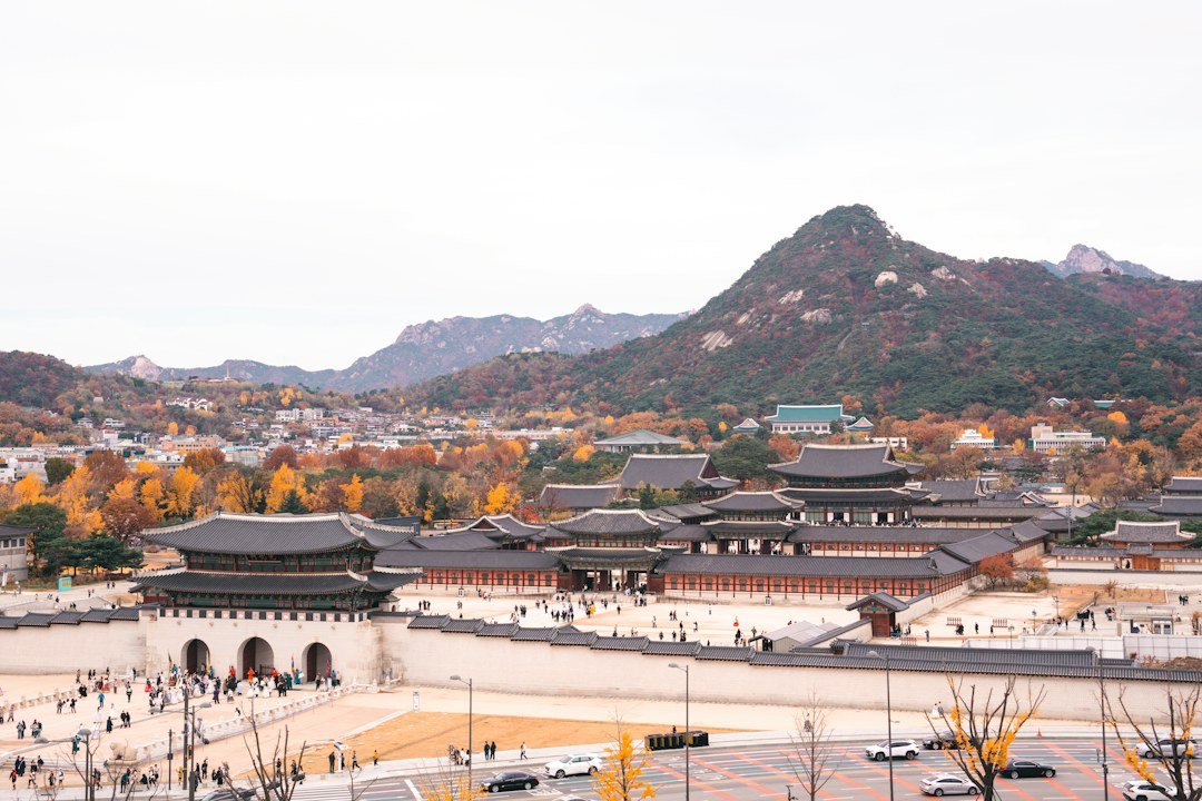 Autumn trees framing a traditional palace building in Seoul