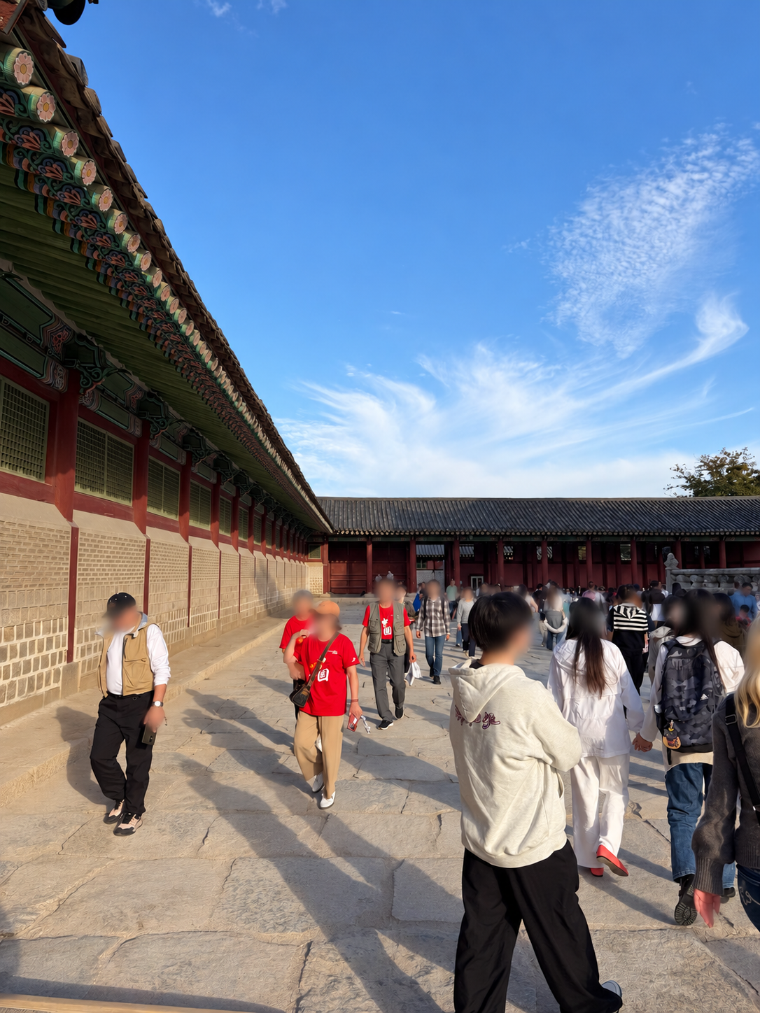 Painted eaves and a busy courtyard at Gyeongbokgung Palace; visitors’ faces obscured for privacy
