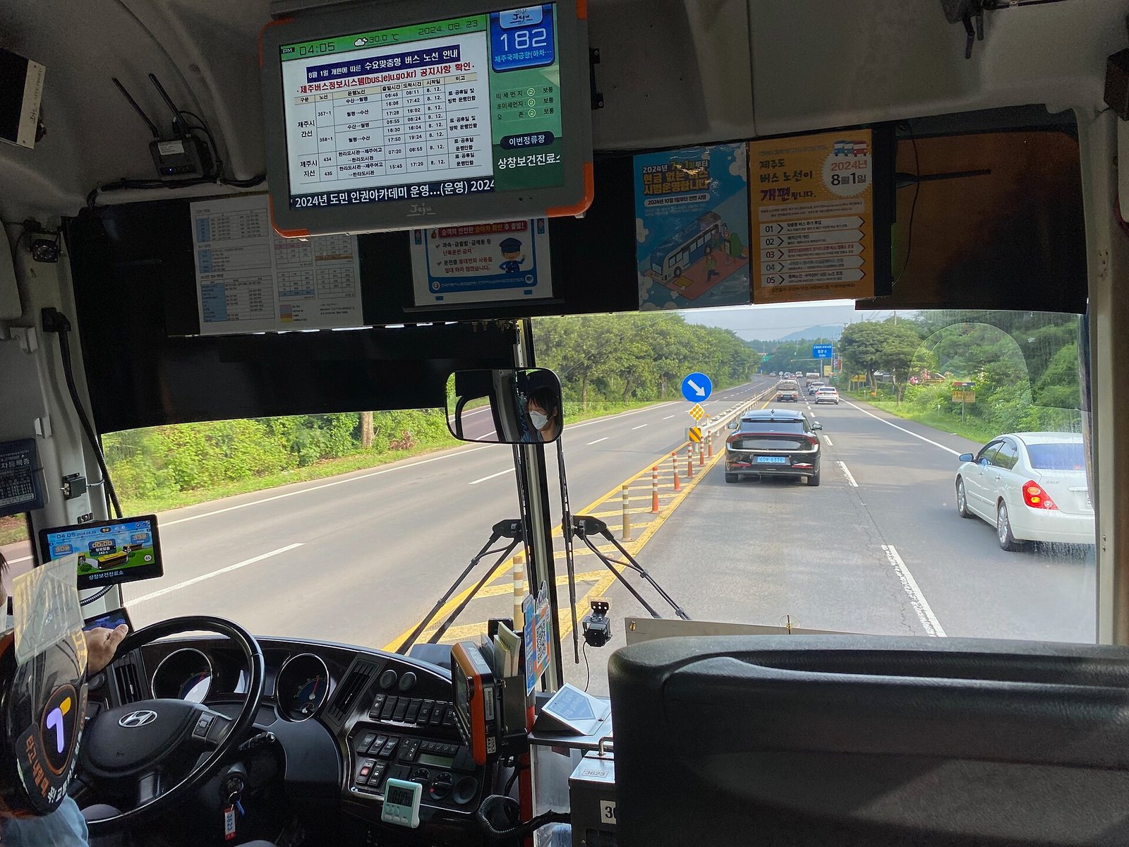 View towards the front of a public bus in Jeju in August 2024
